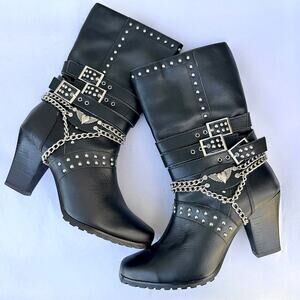Biker Boot Black Leather Strap Stud HD Winged Heart Harness Heel 9 Women Ridetec